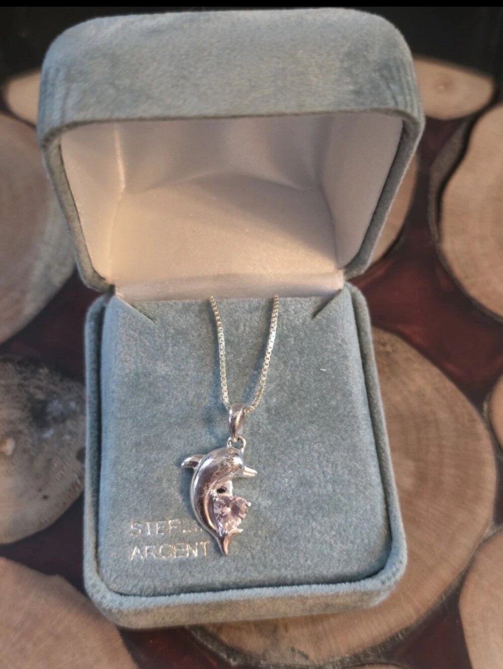 Beautiful Dolphin Sterling Silver 925 Necklace (Chain) & Pendant W Pink Gemstone
